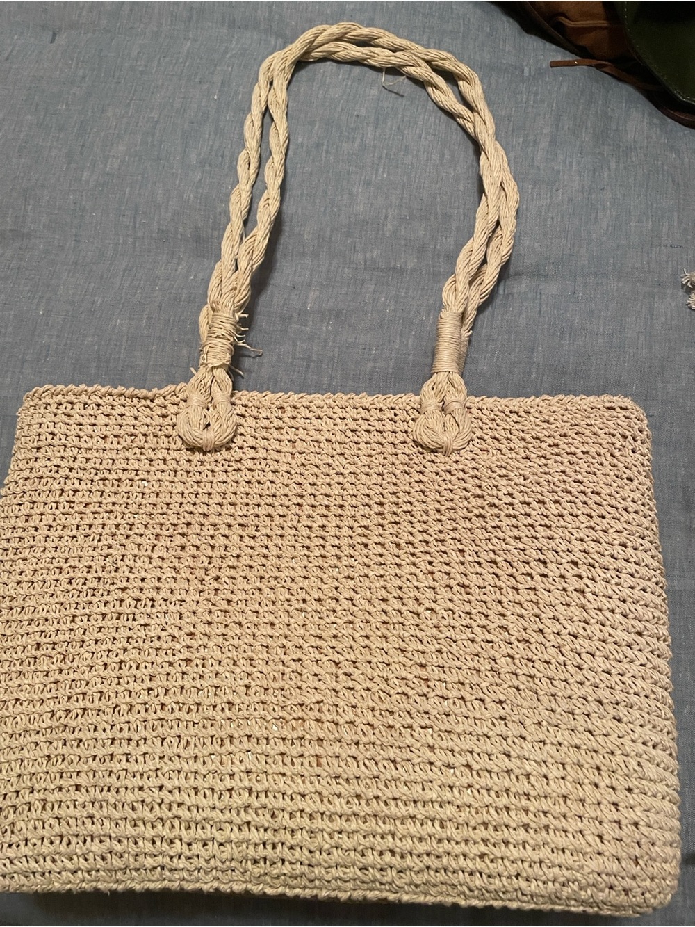 Braided Handle Woven Shoulder Bag in Natural Beige - great for beach or shopping